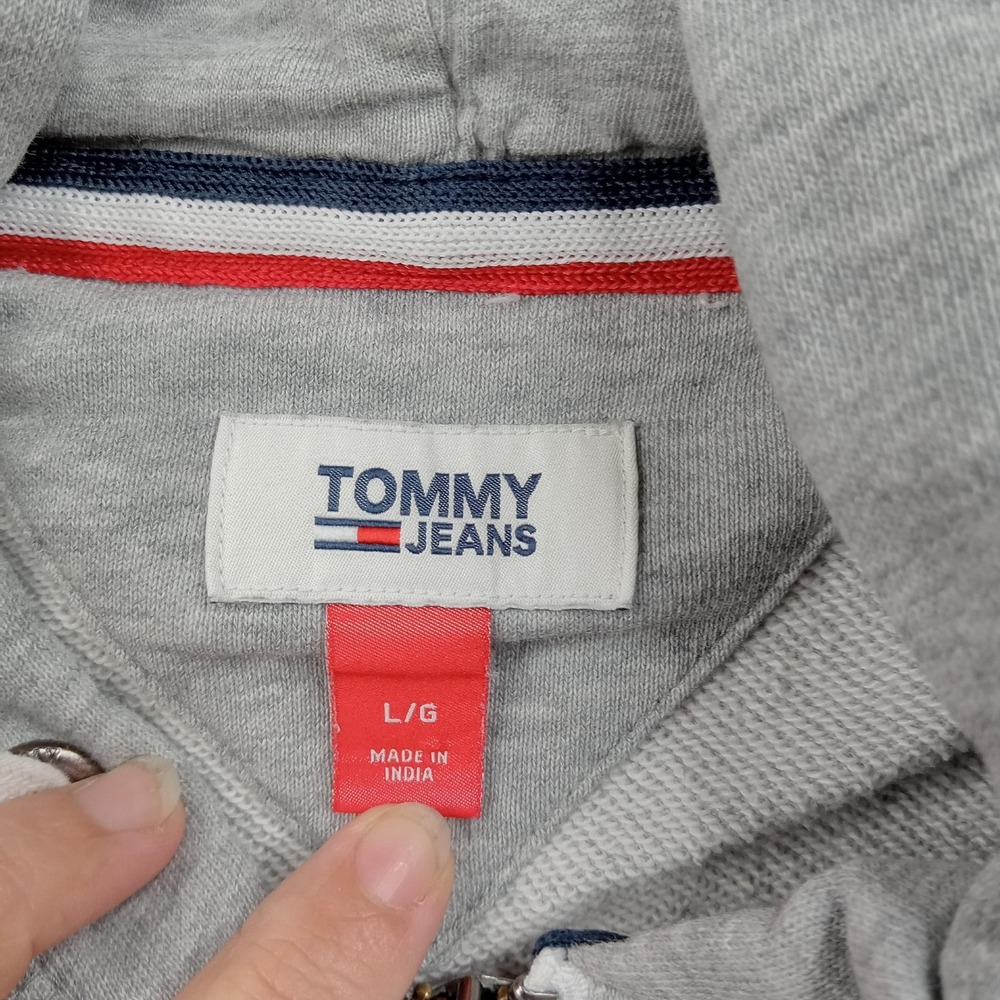 Tommy Jeans Hoodie Mens Large Gray Full Zip Fleece Sweatshirt Logo Stripe Sleeve - Picture 3 of 9